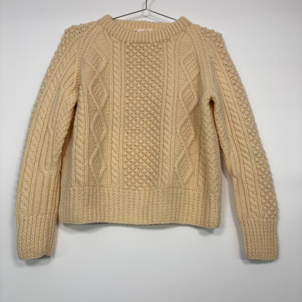 Purple Heather Handknit Women Sweater M Cream Wool Aran Cable Ireland 10414